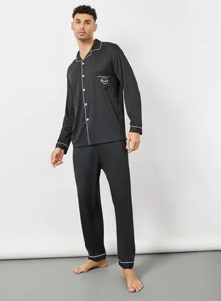 Contrast Piping Long Sleeve Shirt & Pyjama Set 