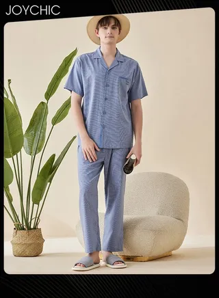 Modern Style Summer Fairy Shiled Fabric Short-sleeved Long Pants Pajama Set Skin-friendly Breathable Men's Home Clothes Button Front Bedroom Sleepwear Blue with Pockets 