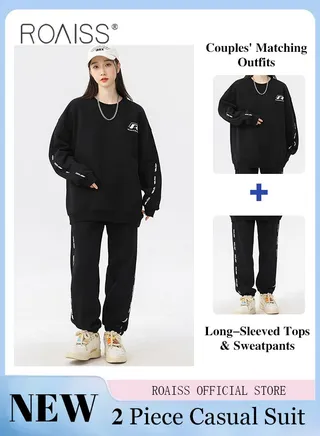 2 Pcs Unisex Casual Sportswear Set for Couples with Stylish Printed Design Long Sleeve T-Shirt and Loose-Fit Pants Combo Skin Friendly Fabric Soft and Breathable 