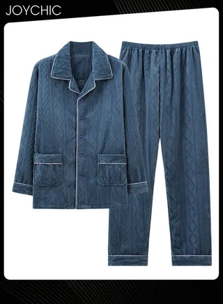 Coral Velvet Lapel Pajamas Set for Men Autumn and Winter Thickened and Velvet Warm Windproof Homewear Wear-resistant Long-sleeved Youth Bedroom Sleepwear Blue 