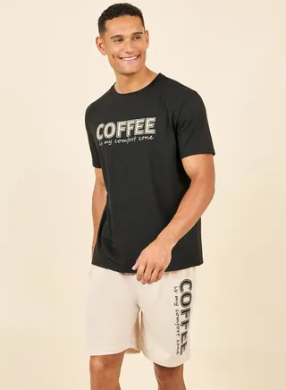 Coffee Slogan Print Crew Neck T-shirt and Short Set 