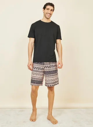 Solid Crew Neck T-shirt and Boho Print Shorts Set