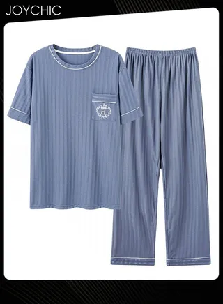 Mens Leisure Sleepwear Spring and Autumn Short Sleeved Long Pants Knitted Cotton Pajamas Set Comfty Breathable Pullover Home Wear Blue 