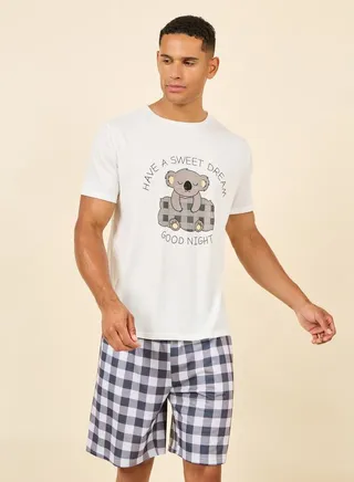 Good Night Graphic Print Crew Neck T-shirt and Checkered Short Set 