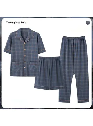 3-Piece Pajama Set Men's Cotton Short-Sleeved T-Shirt Long Pants Sets Grid Pattern Sleepwear Nightgown Male Loose Spring Summer Thin Loungewear Home Clothes Blue 