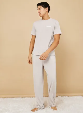 Slogan Print T-Shirt & Pyjama Set with Piping Detail 