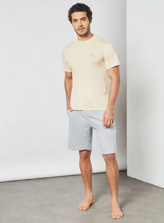 Casual T-Shirt and Pyjama Shorts Set Beige/Grey 