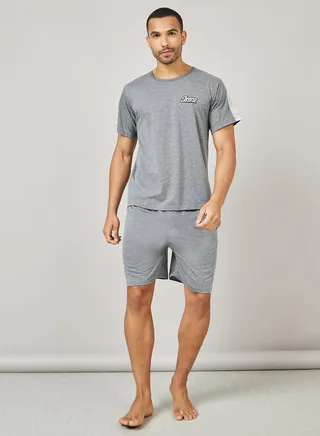 Side Tape Detail Minimal Print Crew Neck T-shirt and Short Set 