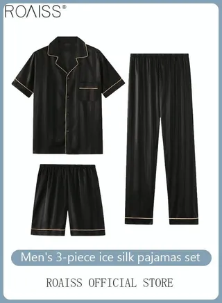 3-Piece Set Men's Short Sleeves Pajamas Pants Trousers Sleepwear Sets Satin Grid Printing Silk Nightgown Male Loose Shirts Spring Summer Loungewear Home Clothes 