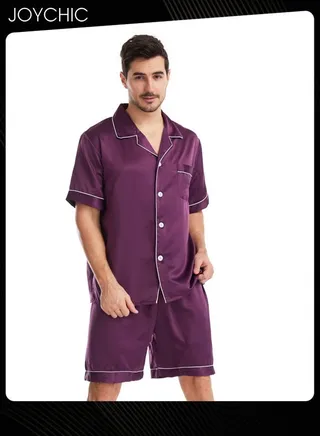 Solid Color Men's Casual Short-sleeved Pajama Set Summer Comfy Matte Satin Lapels Button Front Home Nightwear Large Size Purple 