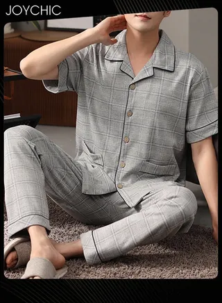 2-piece Leisure Men's Pajamas Set Pure Cotton Skin-friendly Lattice Short-sleeved Trousers Loose Youth Home Sleepwear Breathable Cardigan Suit Grey for Spring Summer Autumn 