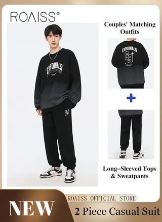 2 Pcs Unisex Casual Sportswear Set for Couples with Stylish Printed Design Long Sleeve T-Shirt and Loose-Fit Pants Combo Skin Friendly Fabric Soft and Breathable 