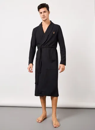 Solid Waffle Knitted Luxe Bathrobe with Embroidery Detail 