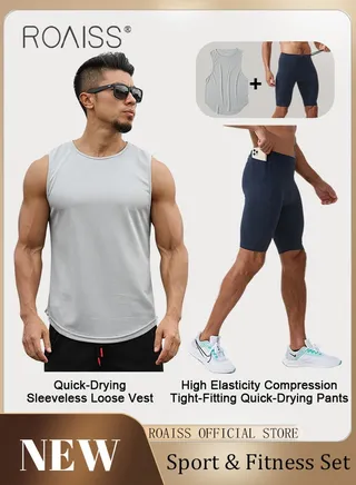 Men 2 Piece Sports Suit Marathon Sleeveless Quick Drying Sports Vest Loose Fitness Vest and High Elastic Compression Tights Sports Quick Drying Training Shorts for Running Training Basketball Aerob 