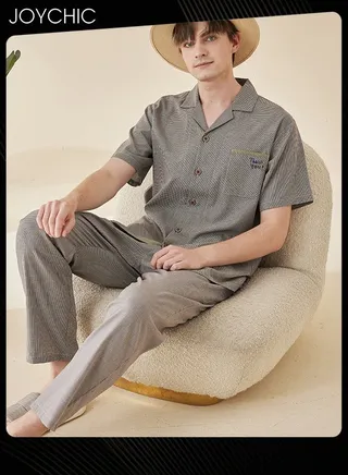 Modern Style Summer Fairy Shiled Fabric Short-sleeved Long Pants Pajama Set Skin-friendly Breathable Men's Home Clothes Button Front Bedroom Sleepwear Grey with Pockets 