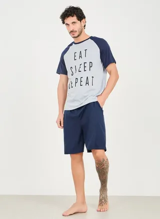 Eat Sleep Repeat Print Crew Neck T-shirt and Short Set 