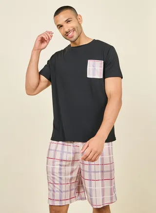 Solid Plaid Print Pocket Detail T-shirt and Short Set 