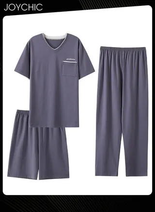 3-piece Classic Spring and Autumn Pajamas Set for Men Modal Skin-friendly Short-sleeved Trousers Sleepwear Cotton Silk V Neck Home Clothes with Pockets Grey 