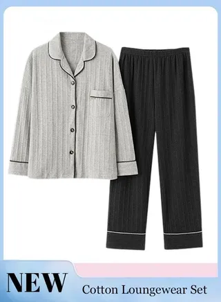 Couple Pajamas Set Long Sleeves Sleepwear for Men and Women Cute Plus Size Loungewear Spring Autumn Home Clothes Gift Boyfriend Girlfriend Husband Wife 
