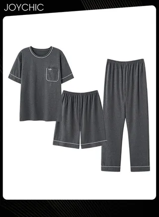 3 Piece Solid Color Men's Pajamas Short-sleeved +Shorts+ Trouser Set Casual Modal Breathable Wear-resistant Sleepwear Youth Homewear for Spring Summer Autumn Dark Grey 