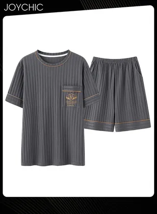 Mens Leisure Bedroom Sleepwear Summer Short Sleeved Pants Knitted Cotton Pajamas Set Youth Comfty Breathable Pullover Home Wear Grey 