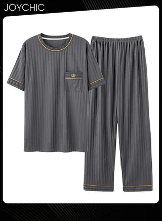 Mens Leisure Sleepwear Spring and Autumn Short Sleeved Long Pants Knitted Cotton Pajamas Set Comfty Breathable Pullover Home Wear Grey 