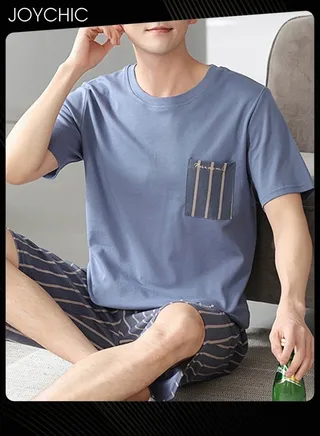 2-piece Men's Summer Modal Cotton Silk Pajama Set Short-sleeved Short Pants Stripe Pattern Skin-friendly Breathable Home Sleepwear for Teenagers Men 