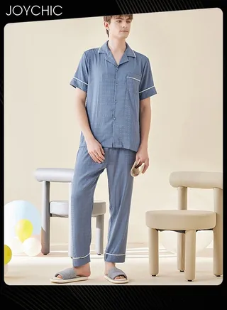 Modern Style Summer Ice Silk Short-sleeved Long Pants Pajama Set Comfty Breathable Men's Home Clothes Button Front Bedroom Sleepwear Blue 