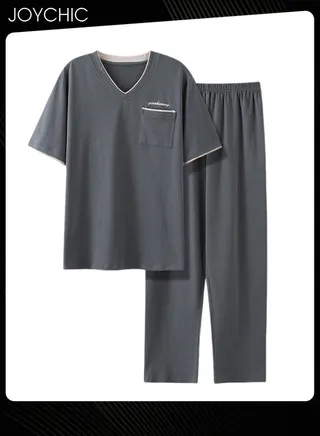 Solid Color Sports Style Men's Pajamas Set Spring and Autumn Short-sleeved Sleepwear Modal Skin-friendly Quick-dying Pullover Home Clothes for Youth Grey 