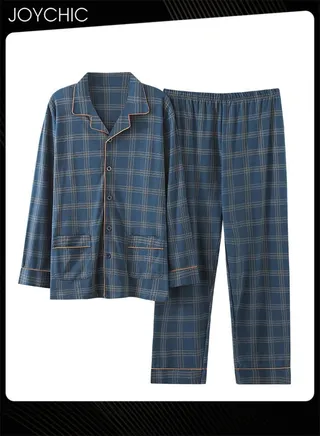 2-piece of Solid Color Lattice Men's Lapel Pajamas Spring and Autumn Winter Pure Cotton Breathable Long-sleeved Homewear with Pockets Blue 