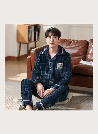 2-Piece Flannel Pyjama Set Dark Blue/Pink 