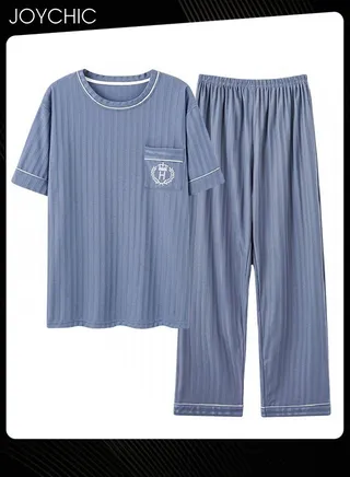 Mens Leisure Sleepwear Spring and Autumn Short Sleeved Long Pants Knitted Cotton Pajamas Set Comfty Breathable Pullover Home Wear Blue 