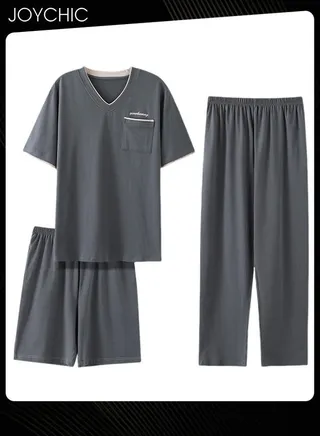 3-piece Classic Spring and Autumn Pajamas Set for Men Modal Skin-friendly Short-sleeved Trousers Sleepwear Cotton Silk V Neck Home Clothes with Pockets Grey 