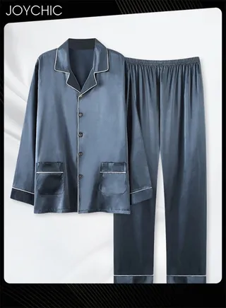 New Style Solid Pattern Laple Pajamas for Men Spring and Autumn Long-sleeved Trousers with High Stretch Ice Silk Comfortable Breathable Youth Home Sleepwear Loungewear Blue 