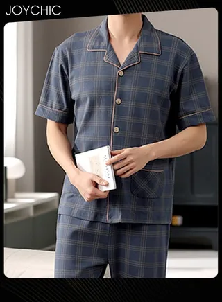 2-piece Leisure Men's Pajamas Set Pure Cotton Skin-friendly Lattice Short-sleeved Trousers Loose Youth Home Sleepwear Breathable Cardigan Suit Dark Blue for Spring Summer Autumn 