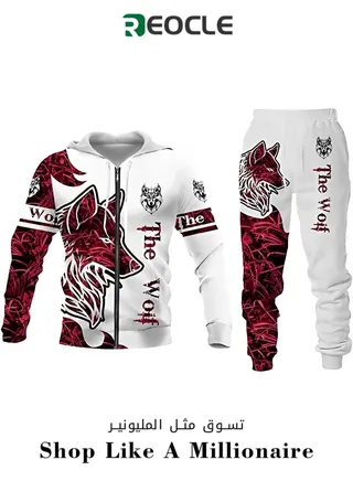 Men's 2 Pcs Hoodie Set Sweatshirt Suit 3D Printed Long Sleeve Hoodie with Zipper Trackpant Casual Suit 
