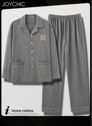 Classic Men's Bedroom Pajamas Set Pure Cotton Warm Windproof Long-sleeved Cardigan Home Wear Youth Lapel Sleepwear for Spring Autumn Winter Grey 