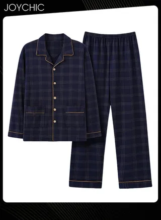 2-Piece of Brief Men's Pajamas Set Spring and Autumn Pure Cotton Long-sleeved Loose Neckline Design Cardigan Winter Comfortable Bedroom Sleepwear Dark Blue 