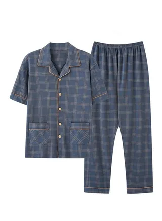 2-Piece Pajama Set Men's Cotton Short-Sleeved T-Shirt Long Pants Sets Grid Pattern Sleepwear Nightgown Male Loose Spring Summer Thin Loungewear Home Clothes Blue 