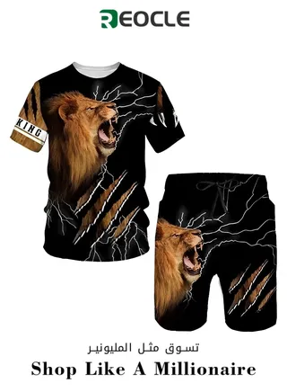 Fashionable 3D Lion Print Men's Sportswear 2-piece Summer Suit New Style T-shirt Shorts 