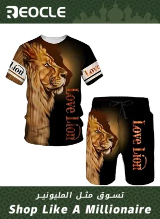 Men's Sportswear 2-piece Summer Fashion 3D Lion Print Set New T-shirt Shorts 