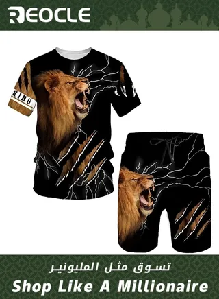 Men's Sportswear 2-piece Summer Fashion 3D Lion Print Set New T-shirt Shorts 