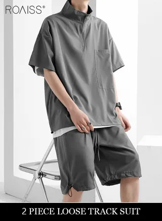 2-Piece Ice Silk Suit For Men'S Daily Commuting Short-Sleeved Stand-Up Collar Top And Outdoor Sports Loose Shorts Suit 