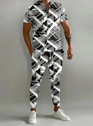 New Men's 3D Printed Gradient Short Sleeved Polo Pants Casual Two-Piece Set 