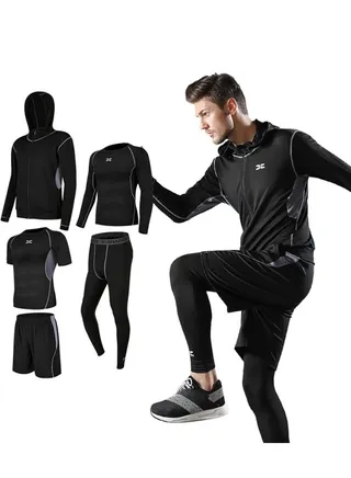Men's Running and Outdoor Sports Fitness Wear 5-Piece Slim Fit Quick Dry Tights Short Sleeve Training Sportswear 