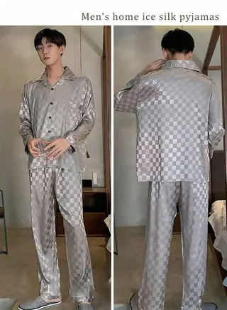 2-Piece Set Men's Long Sleeves Sleepwear Sets Satin Checked Printing Sleepwear Pajamas Pants Silk Nightgown Male Loose Shirts Spring Summer Loungewear Home Clothes 