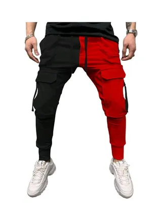 Men's Casual Color Matching Hip Hop Leggings Black Red 