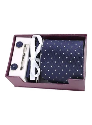 Polka Dot Printed Necktie With Cufflinks Set Blue/White 