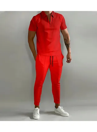 New Men's 3D Printed Gradient Short Sleeved Polo Pants Casual Two-Piece Set 