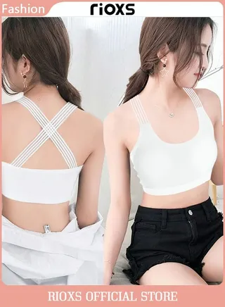Women Sports Bra Padded Criss-Cross Back Bra Wrapped Chest Seamless Athletic Strappy Bra with Removable Cups White 